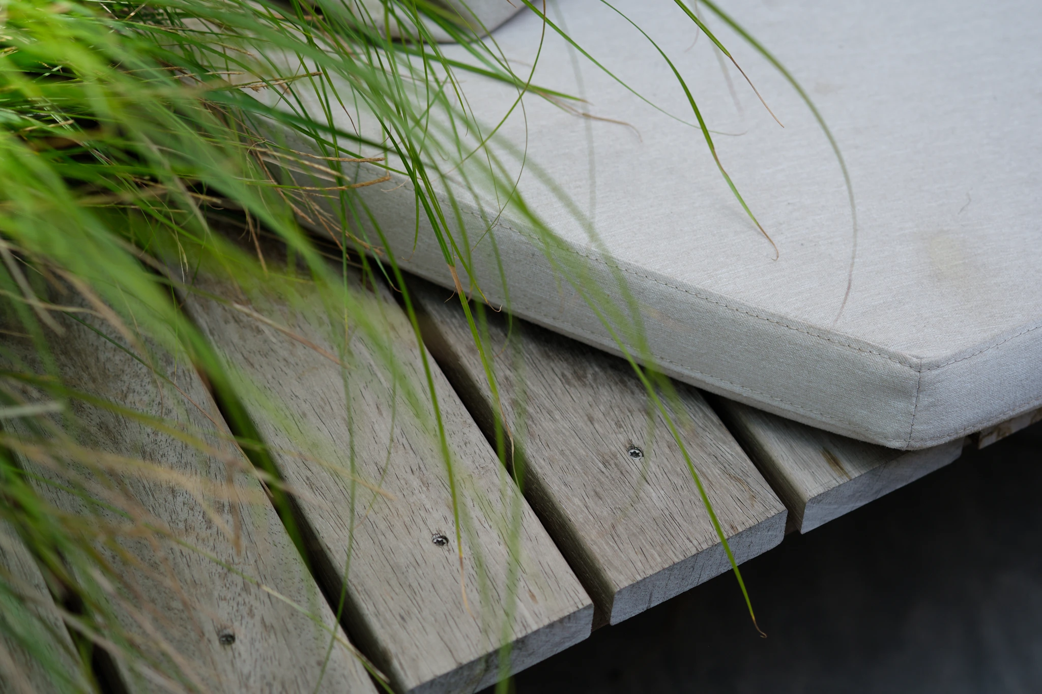 Close-up van houten vlonderwerk met siergrassen en moderne tuinkussens