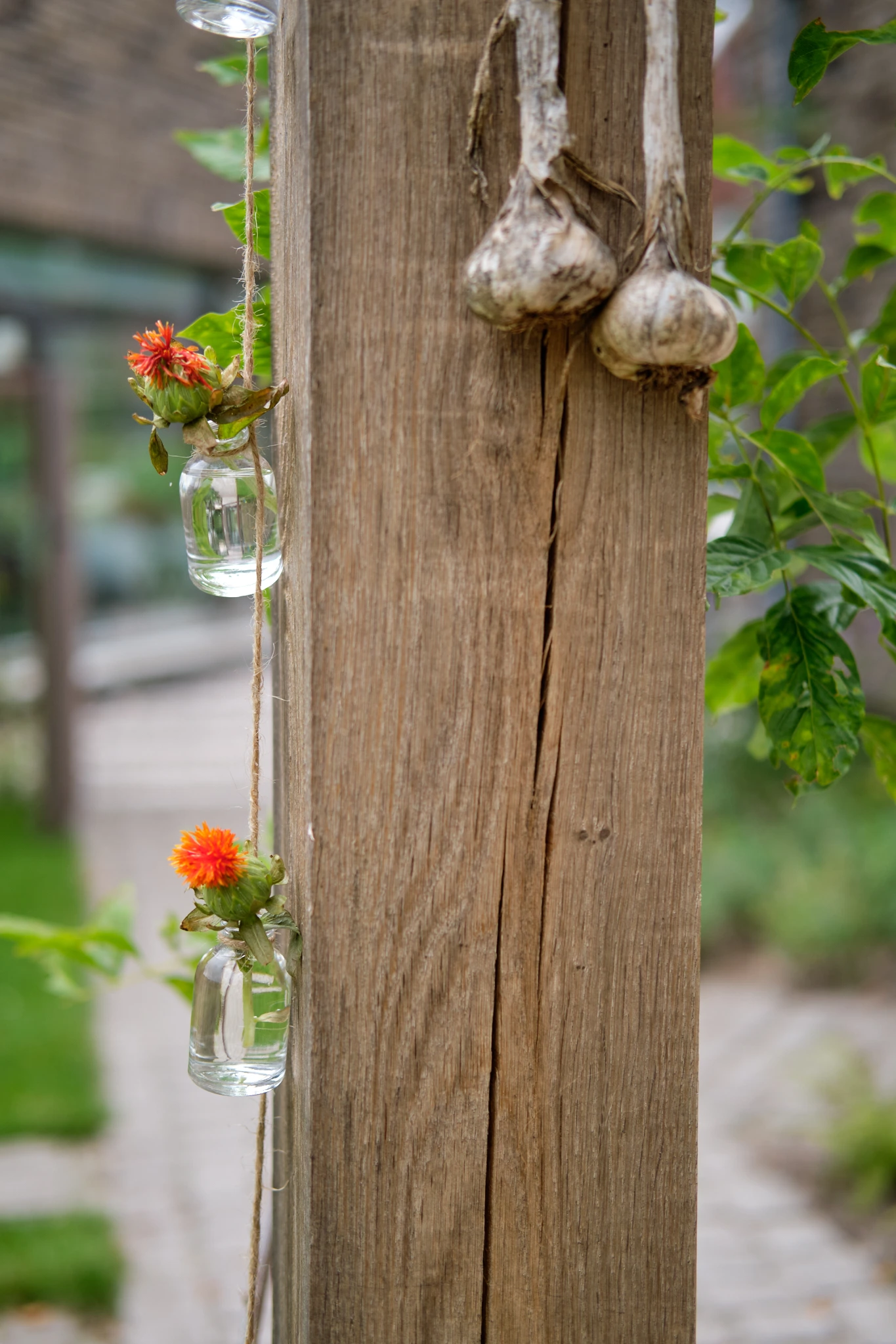 Decoratieve details met hangende bloemen en knoflook
